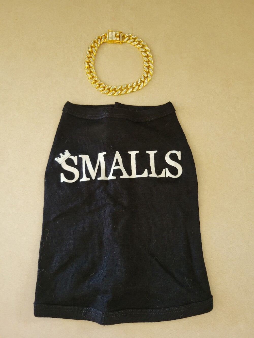 Small Dog Costume "Smalls" T-shirt with Faux Gold/Diamond Necklace
